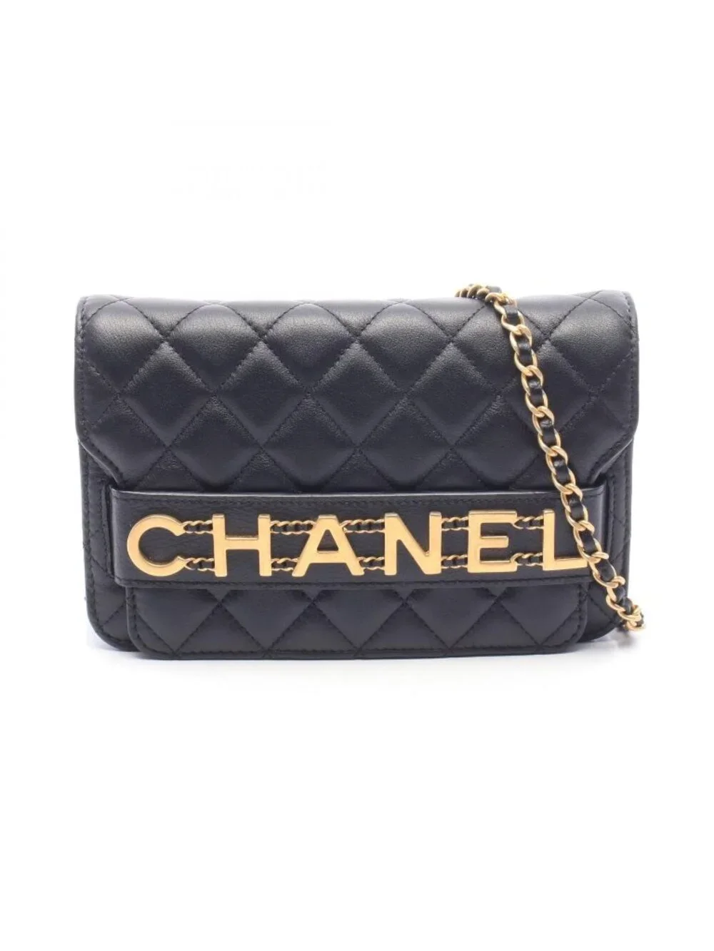 Chanel Shoulder Bag Quilted Logo Black Lambskin Chain Wallet